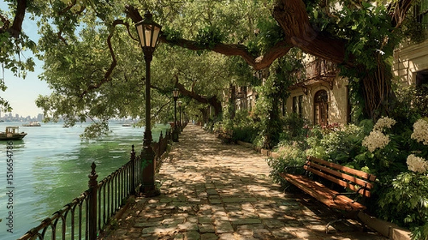 Fototapeta Morning riverside park lane with benches, light posts, green trees growing along river under fantastic colorful sky. Cartoon vector illustration of beautiful golden hour in public garden at dawn