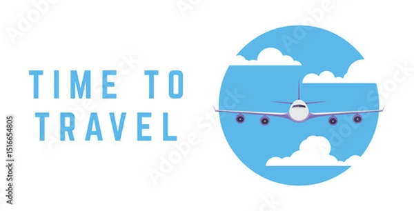 Fototapeta Airplane between clouds circle banner with text. Travel and vacation time. Vector illustration banner. Realistic plane flying in the clouds. Template for flyer or web banner.