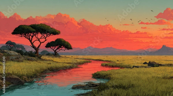 Fototapeta African savannah with river and acacia trees at sunset. Vector cartoon panoramic illustration of savanna landscape with green grass, water stream and mountains on horizon