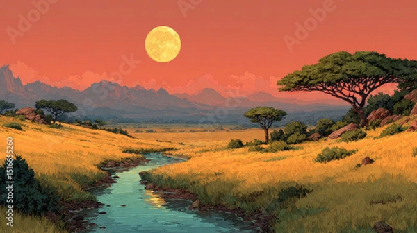 Fototapeta African savannah with river and acacia trees at sunset. Vector cartoon panoramic illustration of savanna landscape with green grass, water stream and mountains on horizon