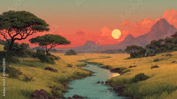 Fototapeta African savannah with river and acacia trees at sunset. Vector cartoon panoramic illustration of savanna landscape with green grass, water stream and mountains on horizon