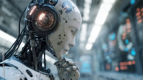 Fototapeta A humanoid AI with realistic skin and glowing eyes working in a futuristic lab