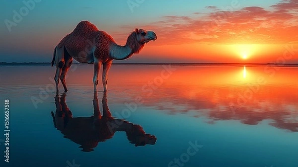 Fototapeta A surreal illustration of a camel walking on water at dusk, perfect for fantasy-themed projects, meditation apps, or tranquil space designs.