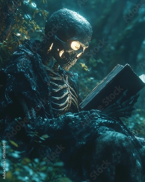 Fototapeta A surreal digital painting of a skeleton reading a book in a foggy forest, perfect for Halloween designs, storytelling, or mystical themes.