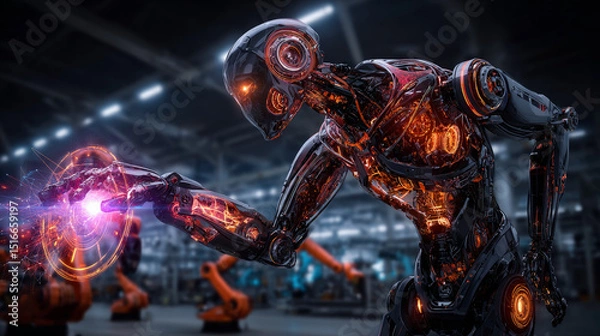 Obraz Hands of robots touching on robotics network connections highlight intelligent systems transforming industries. Robotics enables collaboration, enhances precision, automates, and advances connectivity