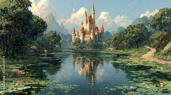 Fototapeta Fantasy fairytale medieval house cartoon background. Magic princess palace near lake vector landscape illustration. Road to italian kingdom building on island in summer. Nenuphar in swamp water