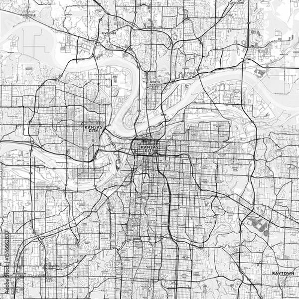 Fototapeta Kansas City Area Map with Labels and Neighborhoods - One color, minimalistic design