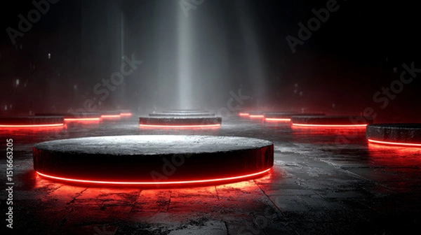 Fototapeta Round podium on red light background. Vector realistic illustration of dark showroom for modern product presentation with abstract glowing rectangles, technology showroom, nightclub stage design
