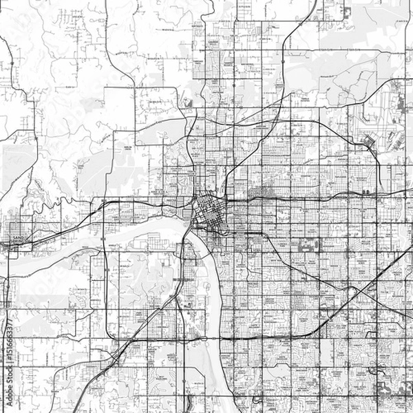 Obraz Tulsa Area Map with Labels and Neighborhoods - One color, minimalistic design