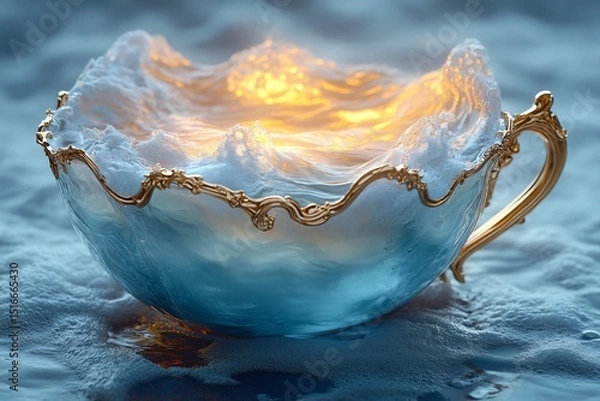 Fototapeta A surreal digital art piece featuring a teacup filled with ocean waves, ideal for dreamy themed designs, relaxation promotions, or creative projects around tranquility.
