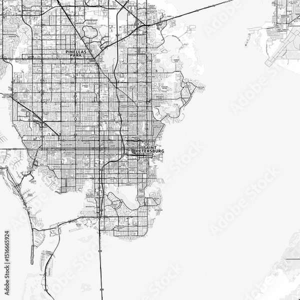 Obraz St. Petersburg Area Map with Labels and Neighborhoods - One color, minimalistic design