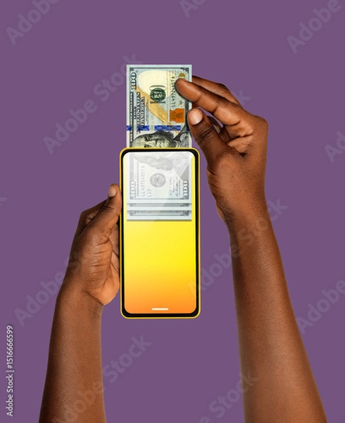 Obraz Black African hand Withdrawing pulling removing transferring US dollar notes through smart mobile phone screen. Online banking transfer receiving payment. money business transaction concept app