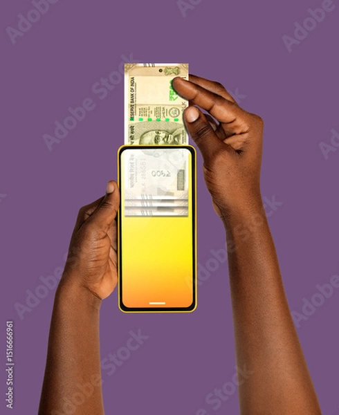 Obraz Black African hand Withdrawing pulling removing transferring Indian rupee notes through smart mobile phone screen. Online banking transfer receiving payment. money business transaction concept app