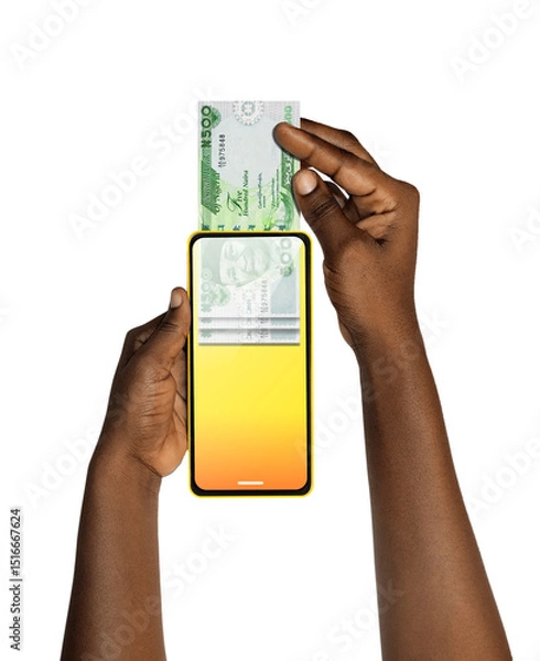 Obraz Black African hand Withdrawing pulling removing transferring Nigerian Naira notes through smart mobile phone screen. Online banking transfer receiving payment. money business transaction concept app