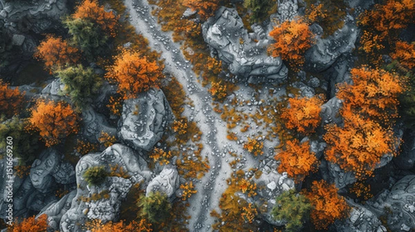 Obraz Top-down autumn forest path, medieval fantasy style, realistic DnD battlemap, orange trees, white backdrop.