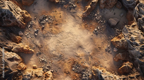 Obraz Fantasy top-down map, rocky pit in desert, abandoned with surrounding rocky terrain design.