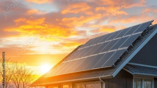 Fototapeta a modern house with sleek black solar panels on its angled roof is backlit by the soft orange and pink hues of a stunning sunset, creating a beautiful silhouette against the colorful sky.