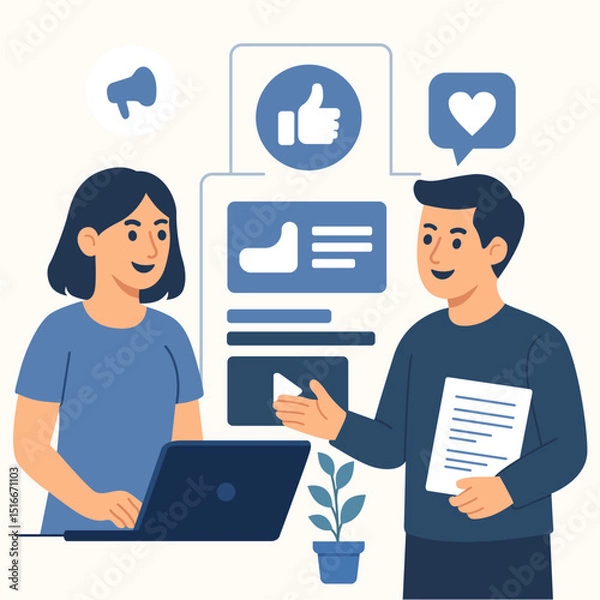 Fototapeta Social Media Marketing and Digital Promotion Strategy - Flat Style Vector Illustration