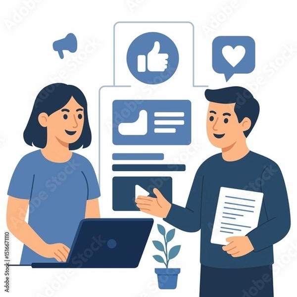 Fototapeta Social Media Marketing and Digital Promotion Strategy - Flat Style Vector Illustration