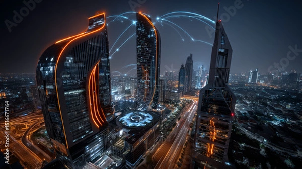 Fototapeta Businessman points at smart cities as a transformative concept in urban development that integrates technology and data to enhance the quality of life for residents. Smart cities utilize information.
