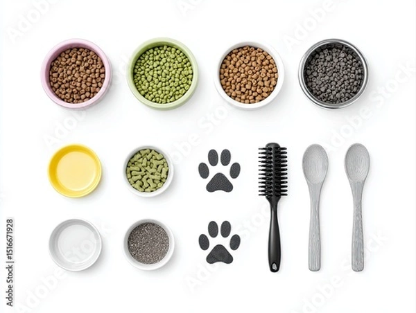 Fototapeta Pet accessories arranged on white background stock photo featuring modern pet accessories arranged on white background for e-commerce, clean product layout of pet accessories arranged on white.