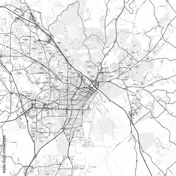Fototapeta Macon Area Map with Labels and Neighborhoods - One color, minimalistic design