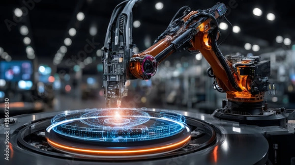 Obraz Industry 4.0. Businessman holding Industry 4.0 technologies, transforming traditional manufacturing into smart factories with enhanced connectivity. Data-driven decision-making and automation.