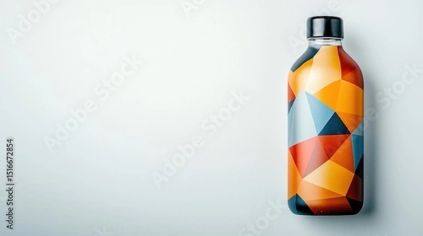 Fototapeta a mockup of a water bottle packaging flatlay, featuring a sleek and modern design with geometric patterns in vibrant colors on a clean white background.
