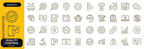 Fototapeta Quality control set of web icons in line style. Quality Check computing icons for web and mobile app. Containing inspection, evaluation, production, quality assurance, certificate, testing and more