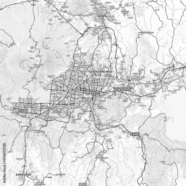Fototapeta San Salvador Area Map with Labels and Neighborhoods - One color, minimalistic design