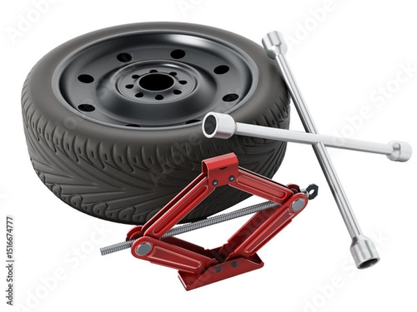 Obraz Spare tyre, jack and wheel wrench isolated on transparent background. 3D illustration