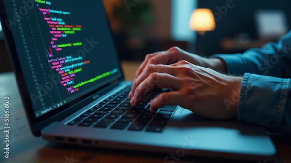 Obraz Hands Coding on Laptop with Code on Screen
