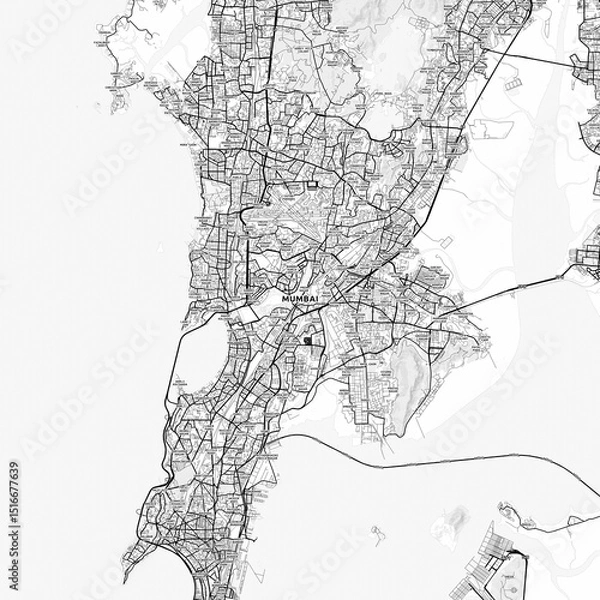 Obraz Mumbai Area Map with Labels and Neighborhoods - One color, minimalistic design