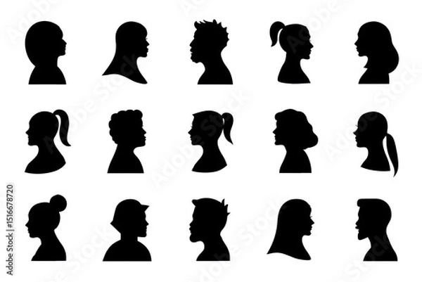 Fototapeta Silhouette Profile Avatars Collection — Diverse Male and Female Faces for UI, Social Media, and Design Use