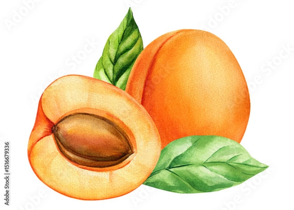 Obraz Watercolor apricot fruit with leaf and pit, hand painted botanical illustration, ripe juicy orange summer food clipart isolated