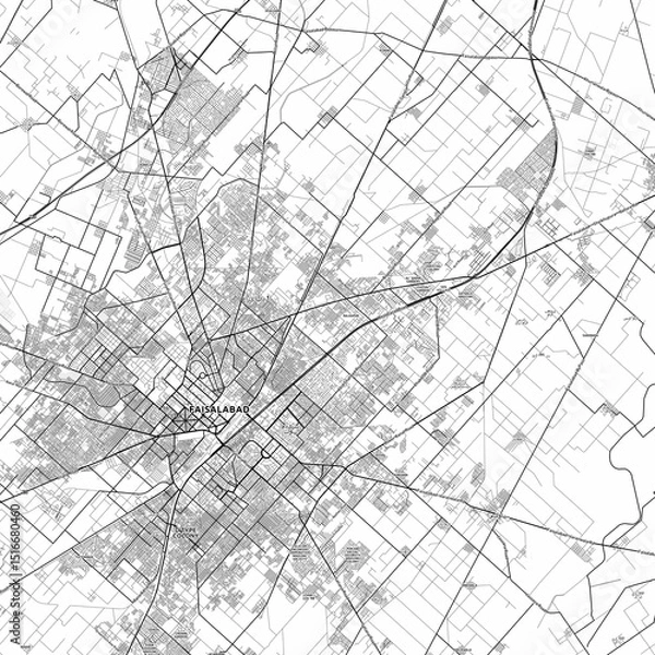 Fototapeta Faisalabad Area Map with Labels and Neighborhoods - One color, minimalistic design