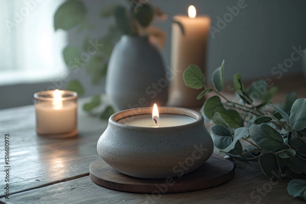 Fototapeta A ceramic vase holds a flickering candle accompanied by a sprig of eucalyptus. Soft natural light filters through sheer curtains, creating a tranquil atmosphere