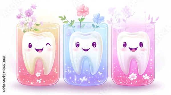 Obraz Set of three cute, smiling teeth with flowers in a transparent glass container, against a white background with a glowing light effect.