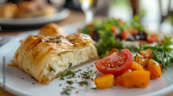 Obraz Siantsi with cheese andphyllo on plate, close up photo of a piece cut in half, on white wooden table background, salad in the backgrounnd.