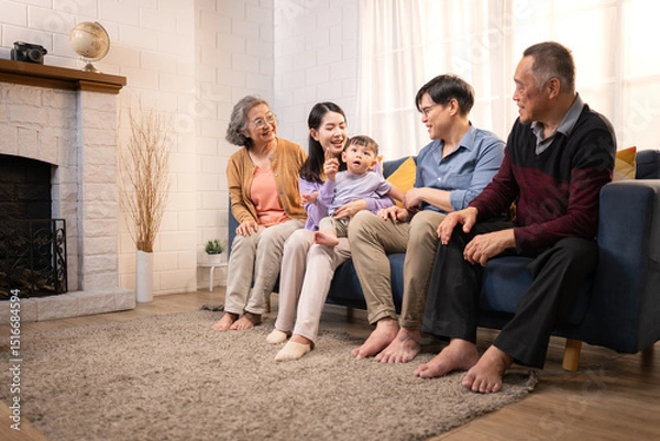 Fototapeta Happy multi-generational Asian family enjoying quality time together at home