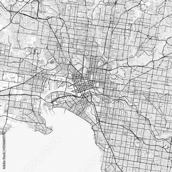 Obraz Melbourne Area Map with Labels and Neighborhoods - One color, minimalistic design