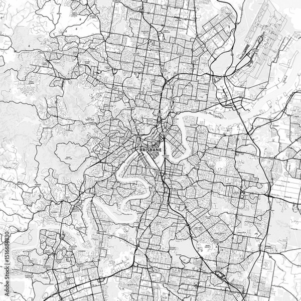 Obraz Brisbane Area Map with Labels and Neighborhoods - One color, minimalistic design