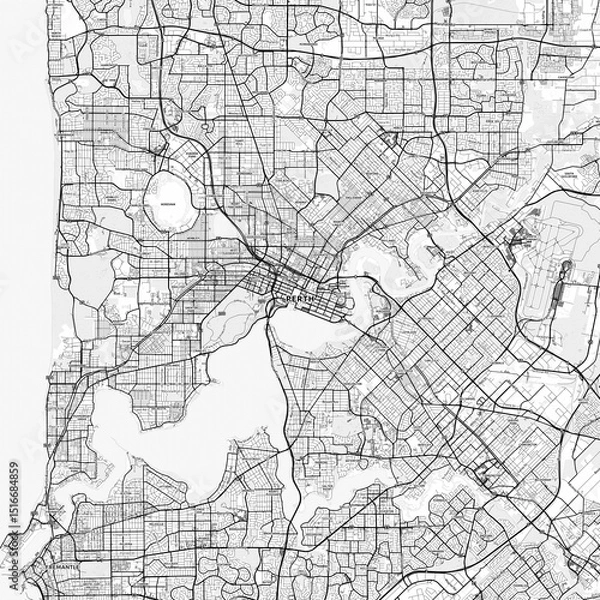 Obraz Perth Area Map with Labels and Neighborhoods - One color, minimalistic design