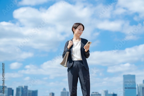 Fototapeta ビジネス　女性　スマホ　青空