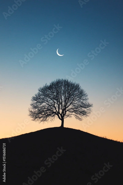 Obraz Silhouette of a tree on top of a hill with a crescent moon in the sky.
