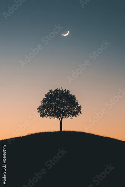 Fototapeta Silhouette of a tree on top of a hill with a crescent moon in the sky.