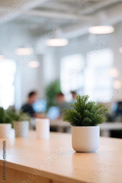 Obraz clean minimalistic image of bright eco-friendly office with potted plants and sustainable furniture where various people
