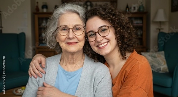 Obraz Generational love: Grandmother and granddaughter share a warm embrace, showcasing their close bond and affection. Family portrait.