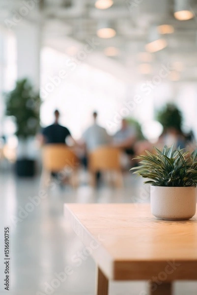 Obraz clean minimalistic image of bright eco-friendly office with potted plants and sustainable furniture where various people