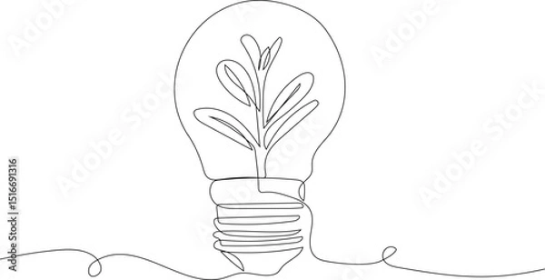 Fototapeta Single line drawing of plant inside lightbulb. Eco-friendly energy concept. Minimalist vector illustration for logos, posters